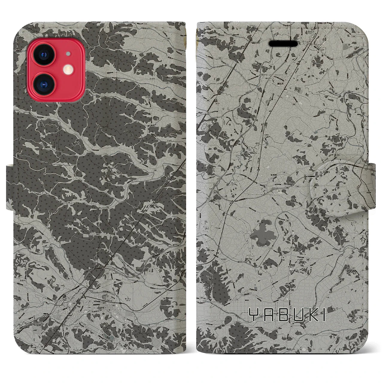 【矢吹(福島県)】地図柄iPhoneケース(手帳タイプ)モノトーン・iPhone 11 用