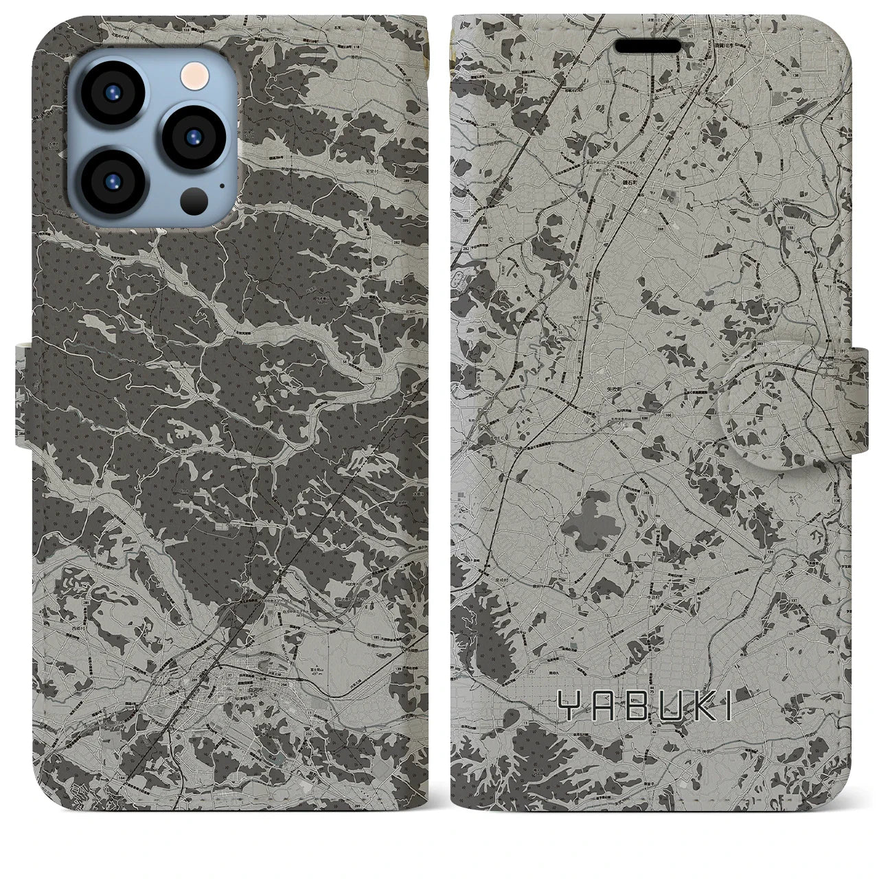 【矢吹(福島県)】地図柄iPhoneケース(手帳タイプ)モノトーン・iPhone 13 Pro Max 用