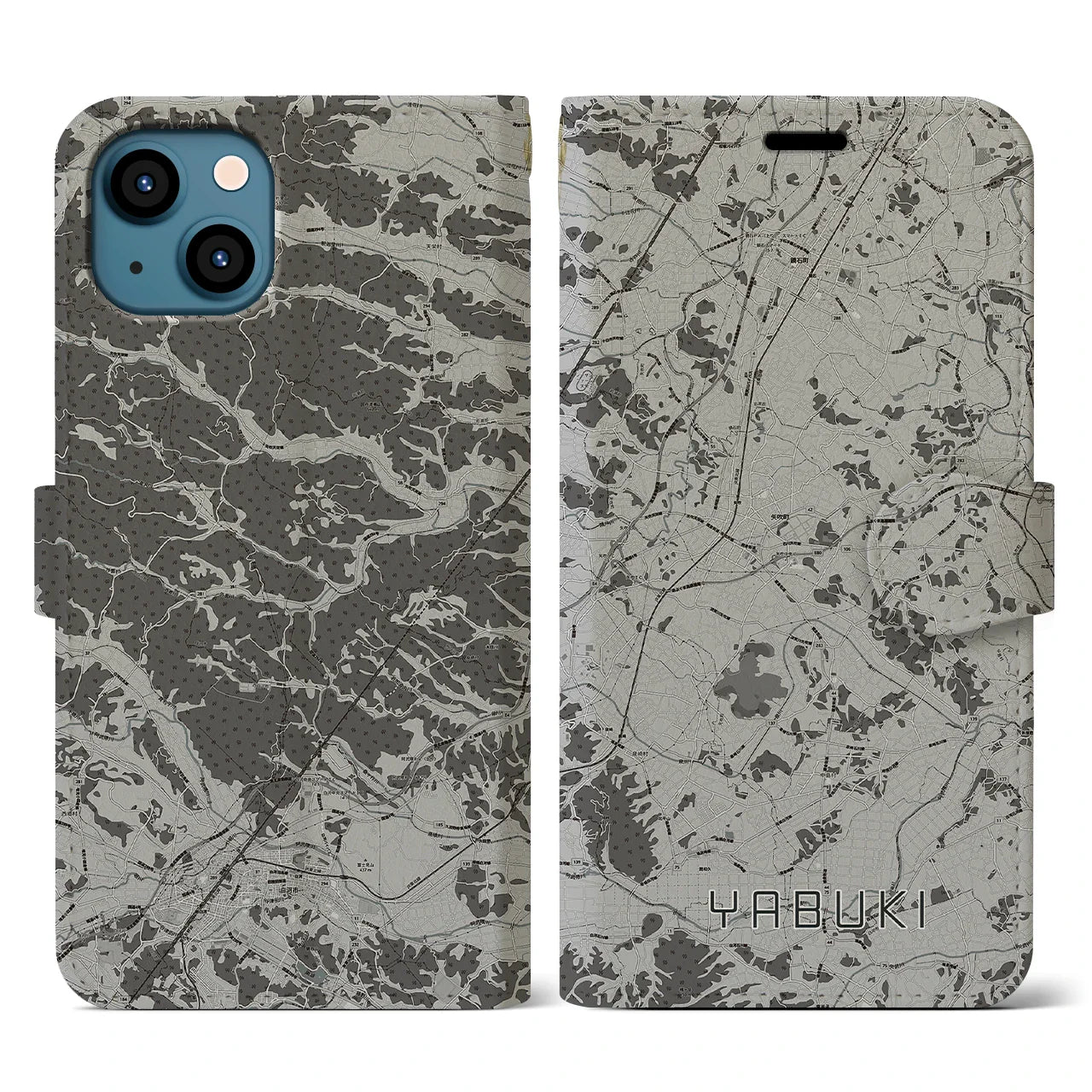 【矢吹(福島県)】地図柄iPhoneケース(手帳タイプ)モノトーン・iPhone 13 用