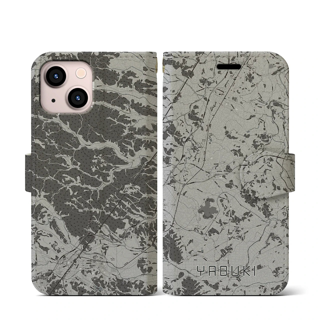 【矢吹(福島県)】地図柄iPhoneケース(手帳タイプ)モノトーン・iPhone 13 mini 用