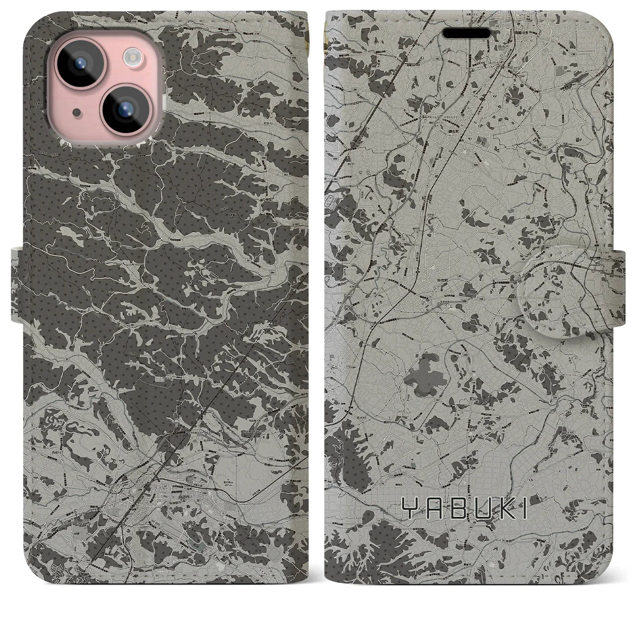 【矢吹(福島県)】地図柄iPhoneケース(手帳タイプ)モノトーン・iPhone 15 Plus 用