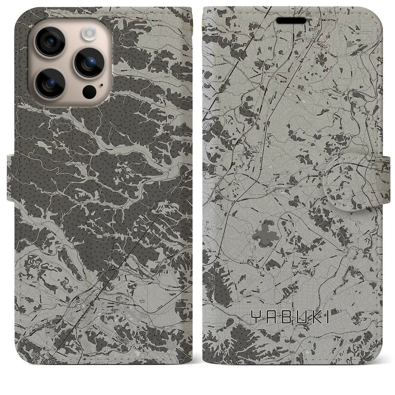 【矢吹(福島県)】地図柄iPhoneケース(手帳タイプ)モノトーン・iPhone 16 Plus 用