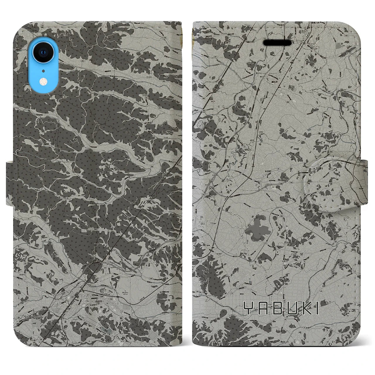 【矢吹(福島県)】地図柄iPhoneケース(手帳タイプ)モノトーン・iPhone XR 用