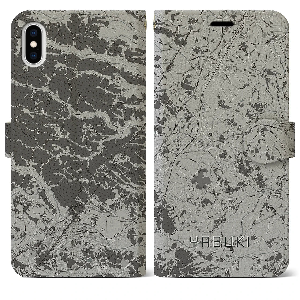 【矢吹(福島県)】地図柄iPhoneケース(手帳タイプ)モノトーン・iPhone XS Max 用