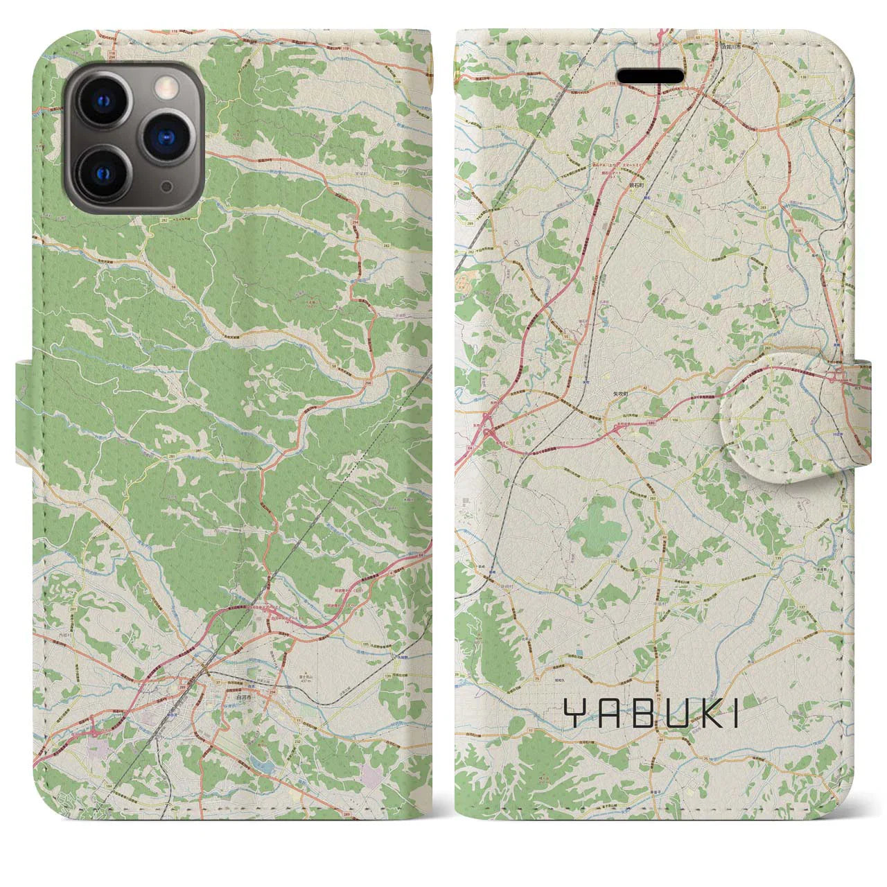 【矢吹(福島県)】地図柄iPhoneケース(手帳タイプ)ナチュラル・iPhone 11 Pro Max 用
