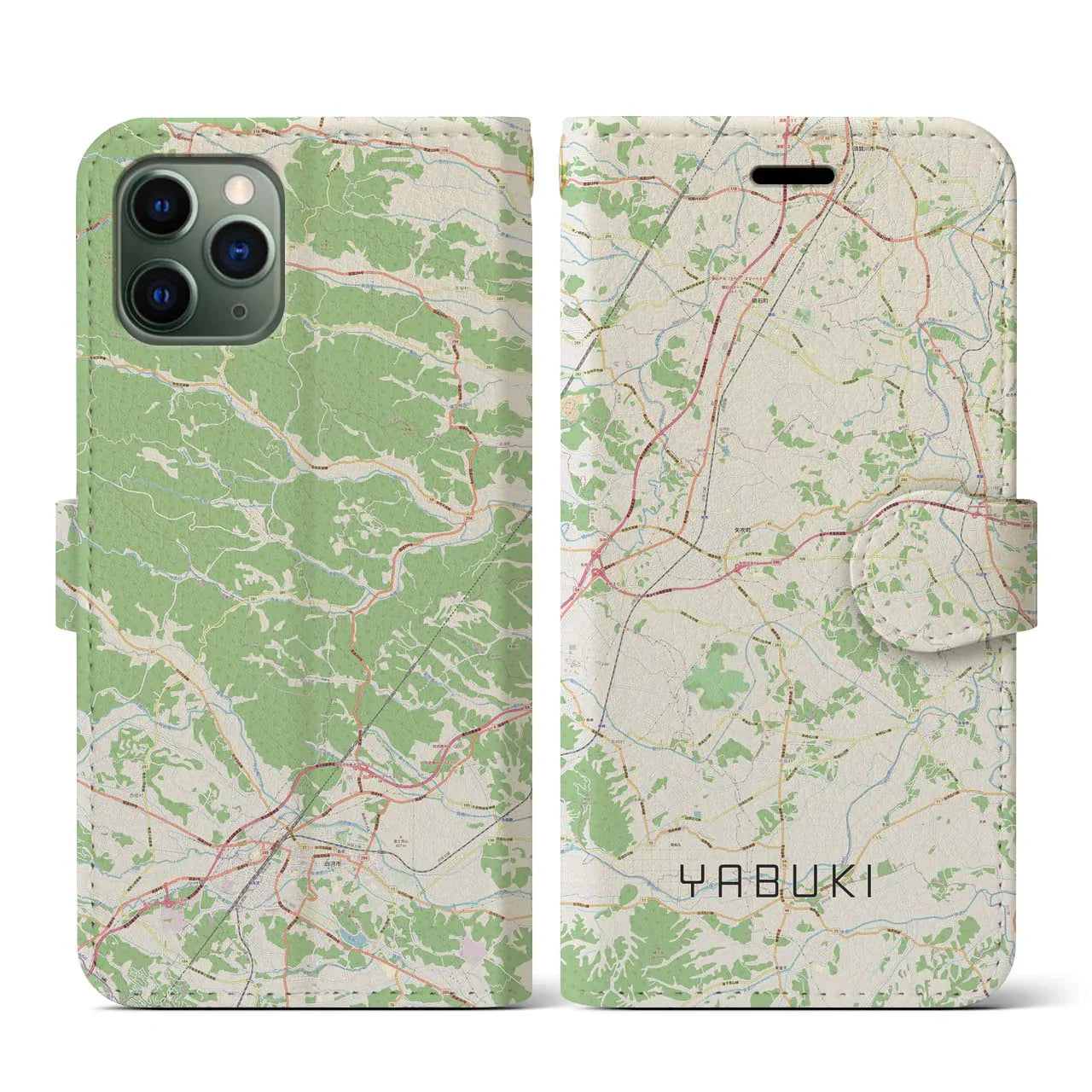 【矢吹(福島県)】地図柄iPhoneケース(手帳タイプ)ナチュラル・iPhone 11 Pro 用