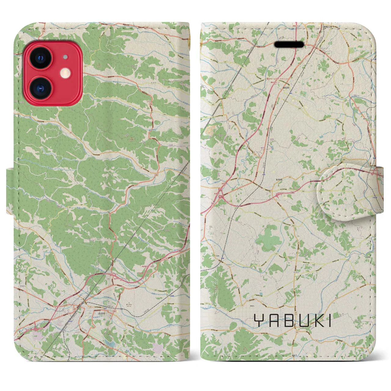 【矢吹(福島県)】地図柄iPhoneケース(手帳タイプ)ナチュラル・iPhone 11 用