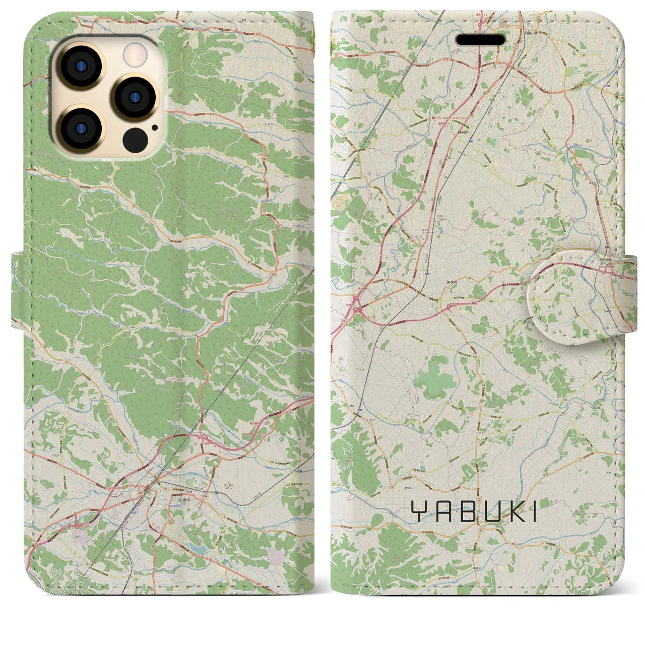 【矢吹(福島県)】地図柄iPhoneケース(手帳タイプ)ナチュラル・iPhone 12 Pro Max 用