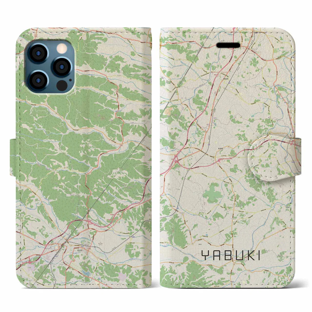 【矢吹(福島県)】地図柄iPhoneケース(手帳タイプ)ナチュラル・iPhone 12 / 12 Pro 用