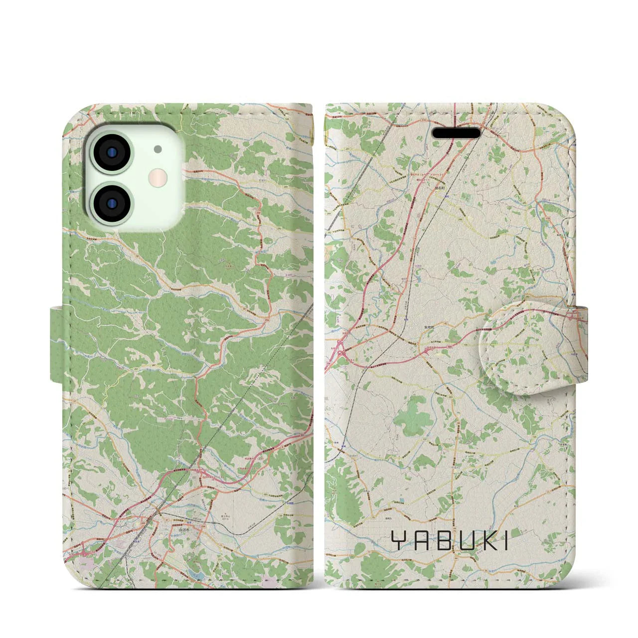 【矢吹(福島県)】地図柄iPhoneケース(手帳タイプ)ナチュラル・iPhone 12 mini 用