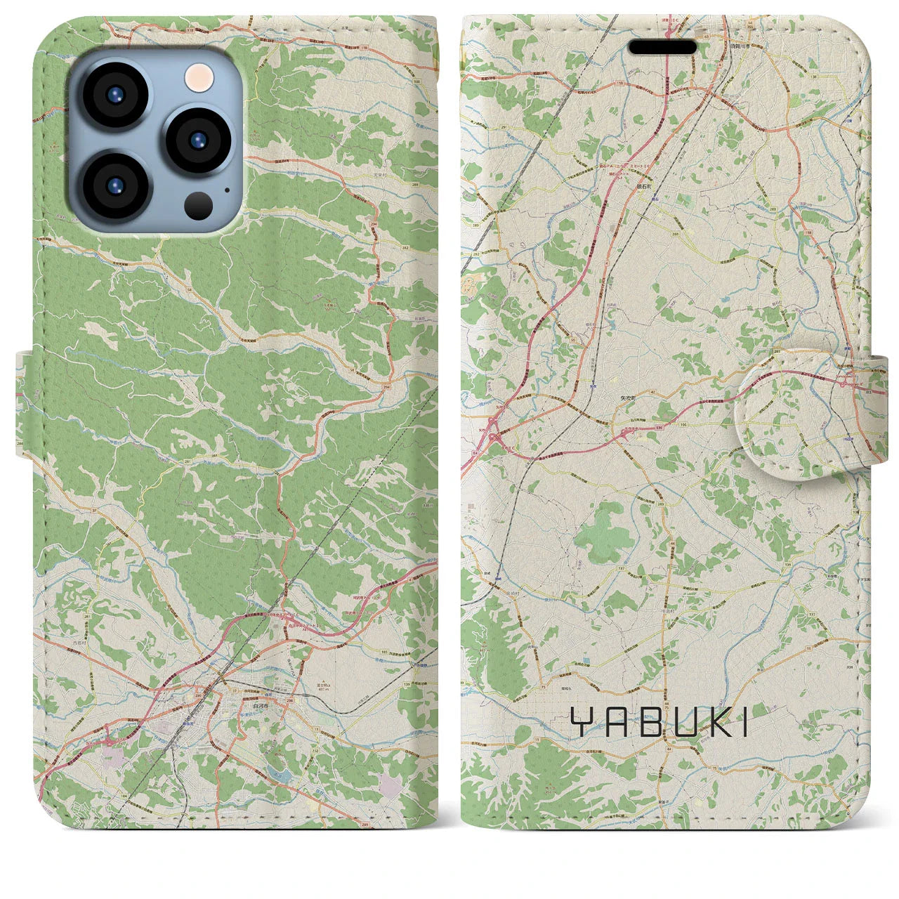 【矢吹(福島県)】地図柄iPhoneケース(手帳タイプ)ナチュラル・iPhone 13 Pro Max 用