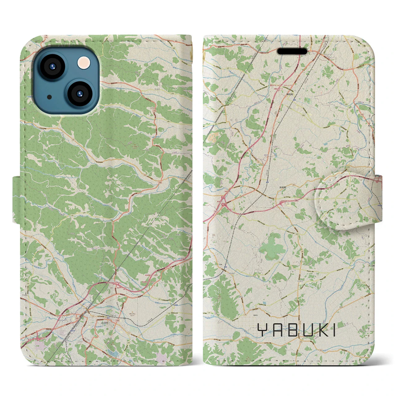 【矢吹(福島県)】地図柄iPhoneケース(手帳タイプ)ナチュラル・iPhone 13 用