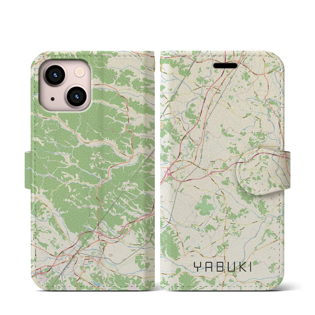 【矢吹(福島県)】地図柄iPhoneケース(手帳タイプ)ナチュラル・iPhone 13 mini 用