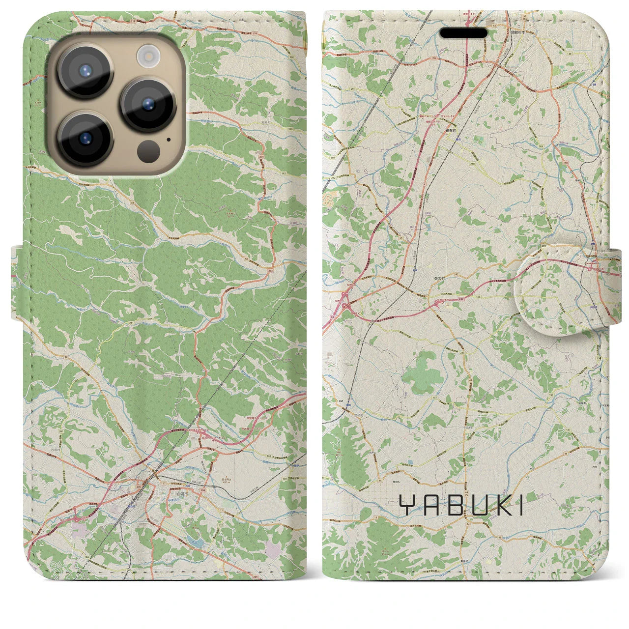 【矢吹(福島県)】地図柄iPhoneケース(手帳タイプ)ナチュラル・iPhone 14 Pro Max 用