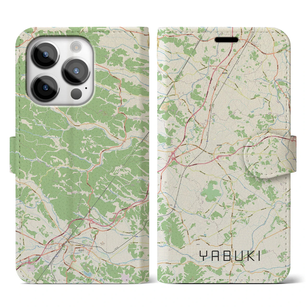 【矢吹(福島県)】地図柄iPhoneケース(手帳タイプ)ナチュラル・iPhone 14 Pro 用