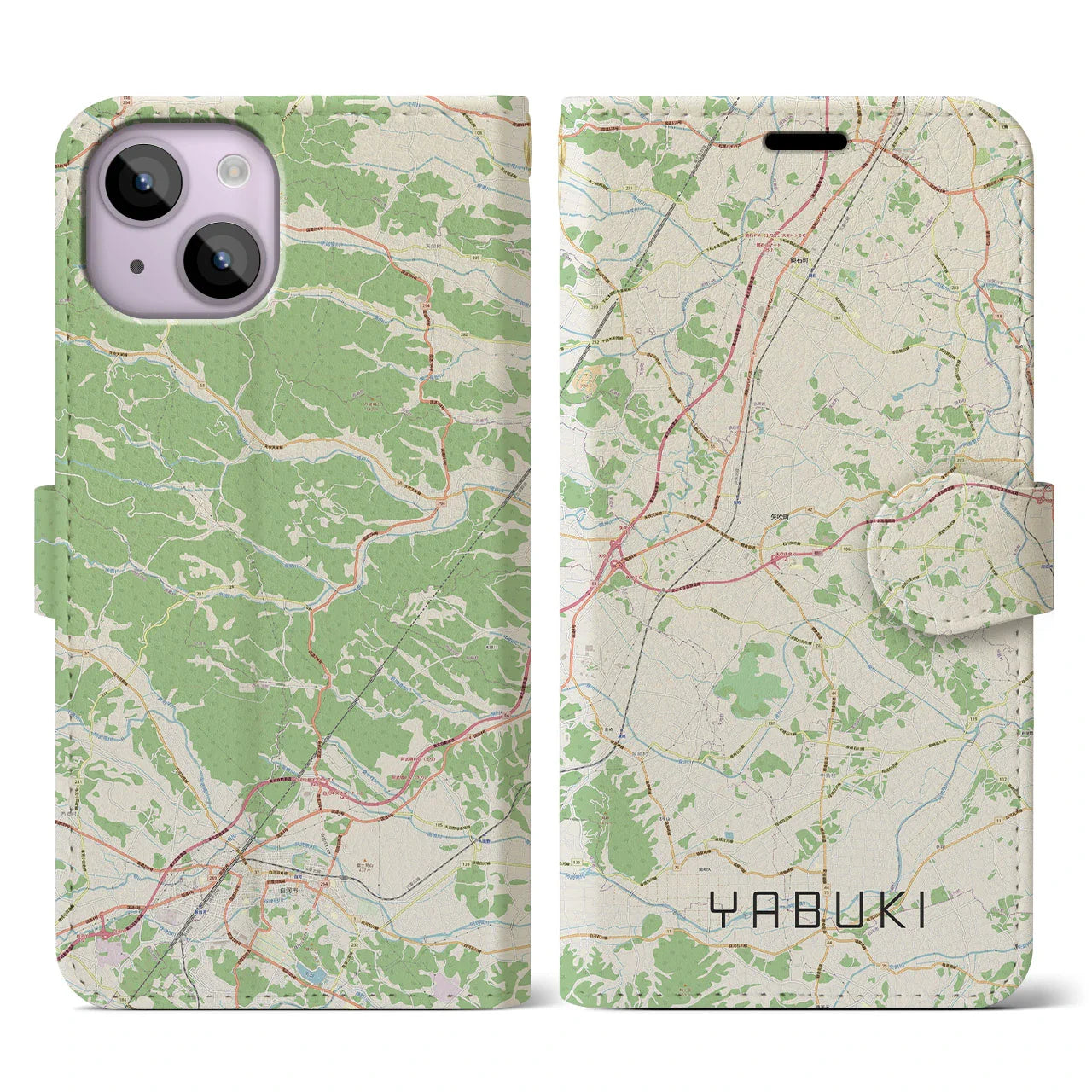 【矢吹(福島県)】地図柄iPhoneケース(手帳タイプ)ナチュラル・iPhone 14 用