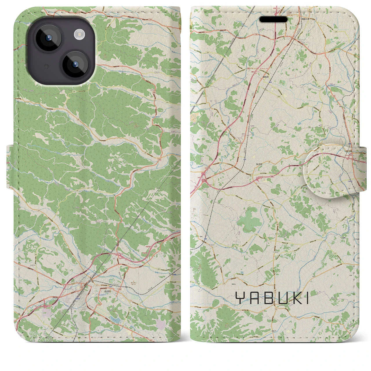 【矢吹(福島県)】地図柄iPhoneケース(手帳タイプ)ナチュラル・iPhone 14 Plus 用