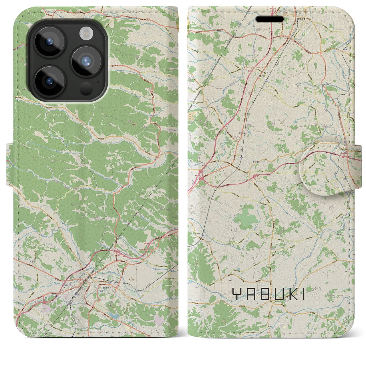 【矢吹(福島県)】地図柄iPhoneケース(手帳タイプ)ナチュラル・iPhone 15 Pro Max 用