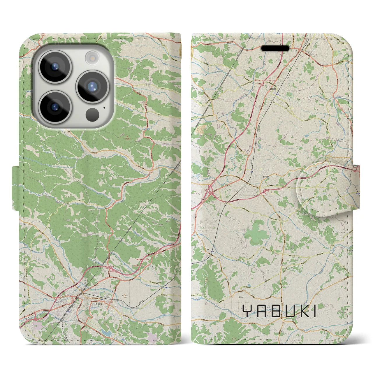 【矢吹(福島県)】地図柄iPhoneケース(手帳タイプ)ナチュラル・iPhone 15 Pro 用