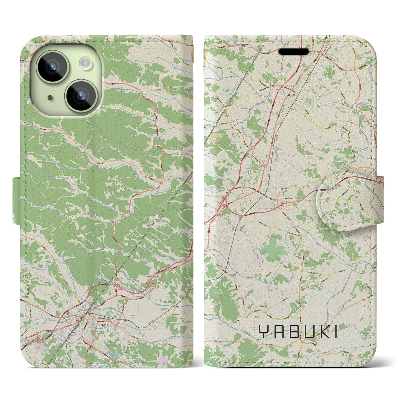 【矢吹(福島県)】地図柄iPhoneケース(手帳タイプ)ナチュラル・iPhone 15 用