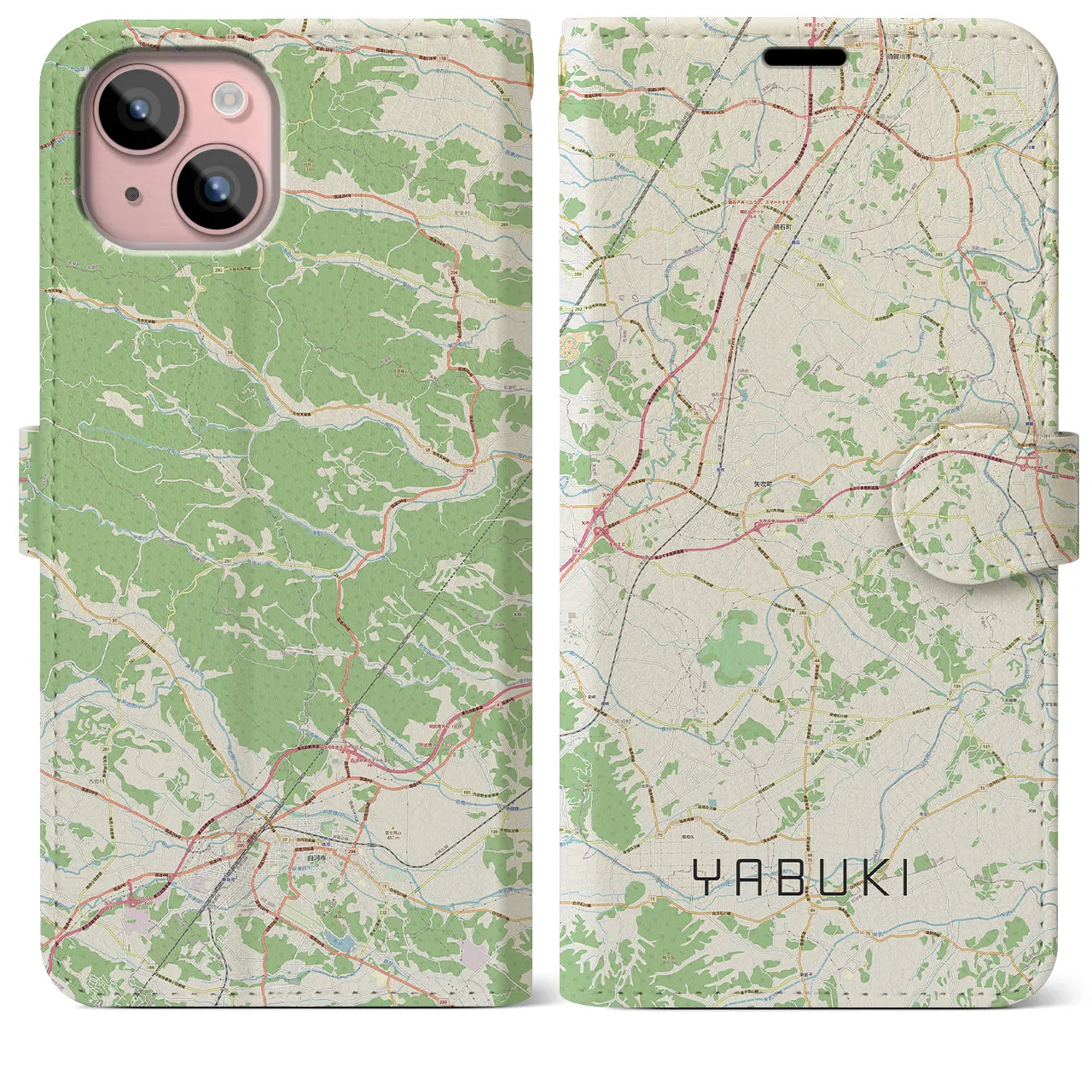 【矢吹(福島県)】地図柄iPhoneケース(手帳タイプ)ナチュラル・iPhone 15 Plus 用