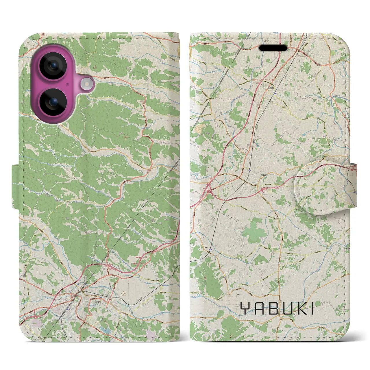 【矢吹(福島県)】地図柄iPhoneケース(手帳タイプ)ナチュラル・iPhone 16 Pro 用
