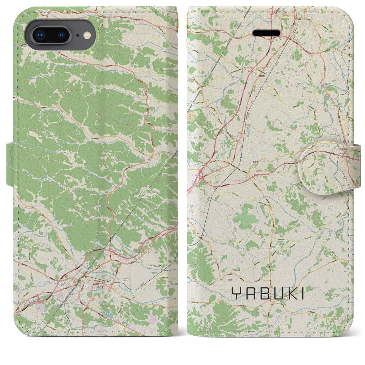 【矢吹(福島県)】地図柄iPhoneケース(手帳タイプ)ナチュラル・iPhone 8Plus /7Plus / 6sPlus / 6Plus 用