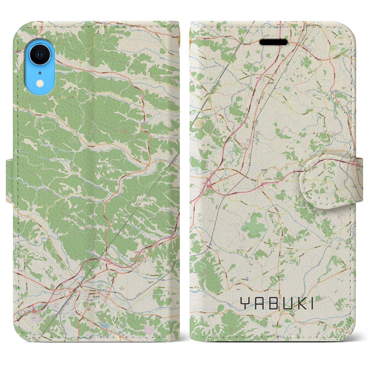 【矢吹(福島県)】地図柄iPhoneケース(手帳タイプ)ナチュラル・iPhone XR 用