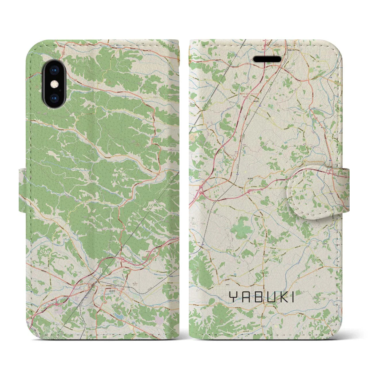 【矢吹(福島県)】地図柄iPhoneケース(手帳タイプ)ナチュラル・iPhone XS / X 用