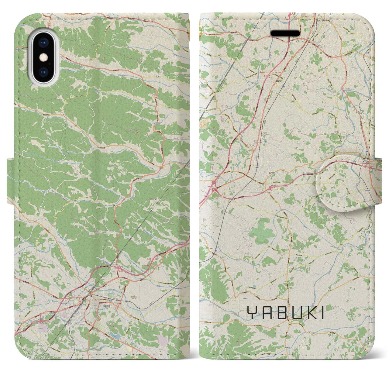 【矢吹(福島県)】地図柄iPhoneケース(手帳タイプ)ナチュラル・iPhone XS Max 用