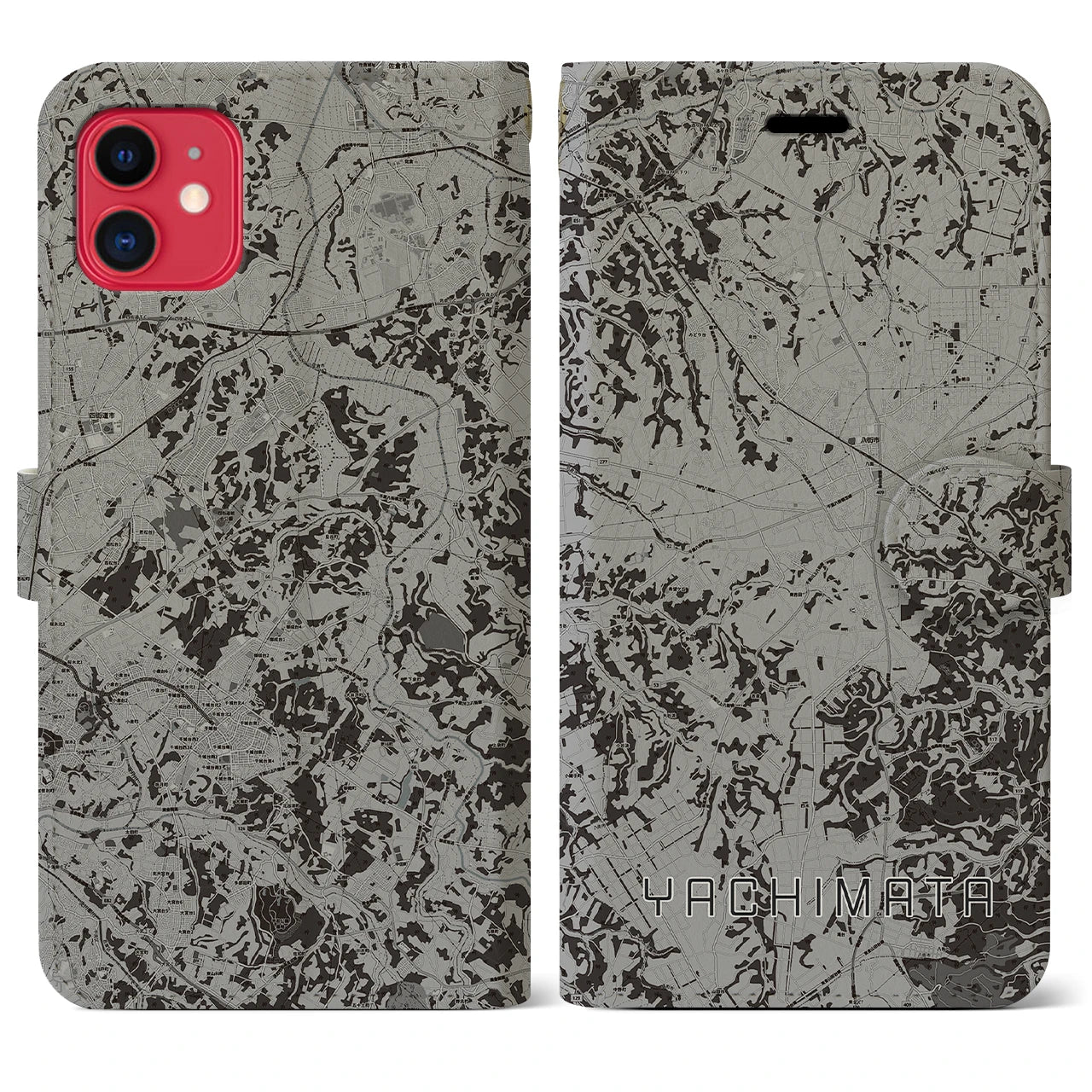 【八街(千葉県)】地図柄iPhoneケース(手帳タイプ)モノトーン・iPhone 11 用