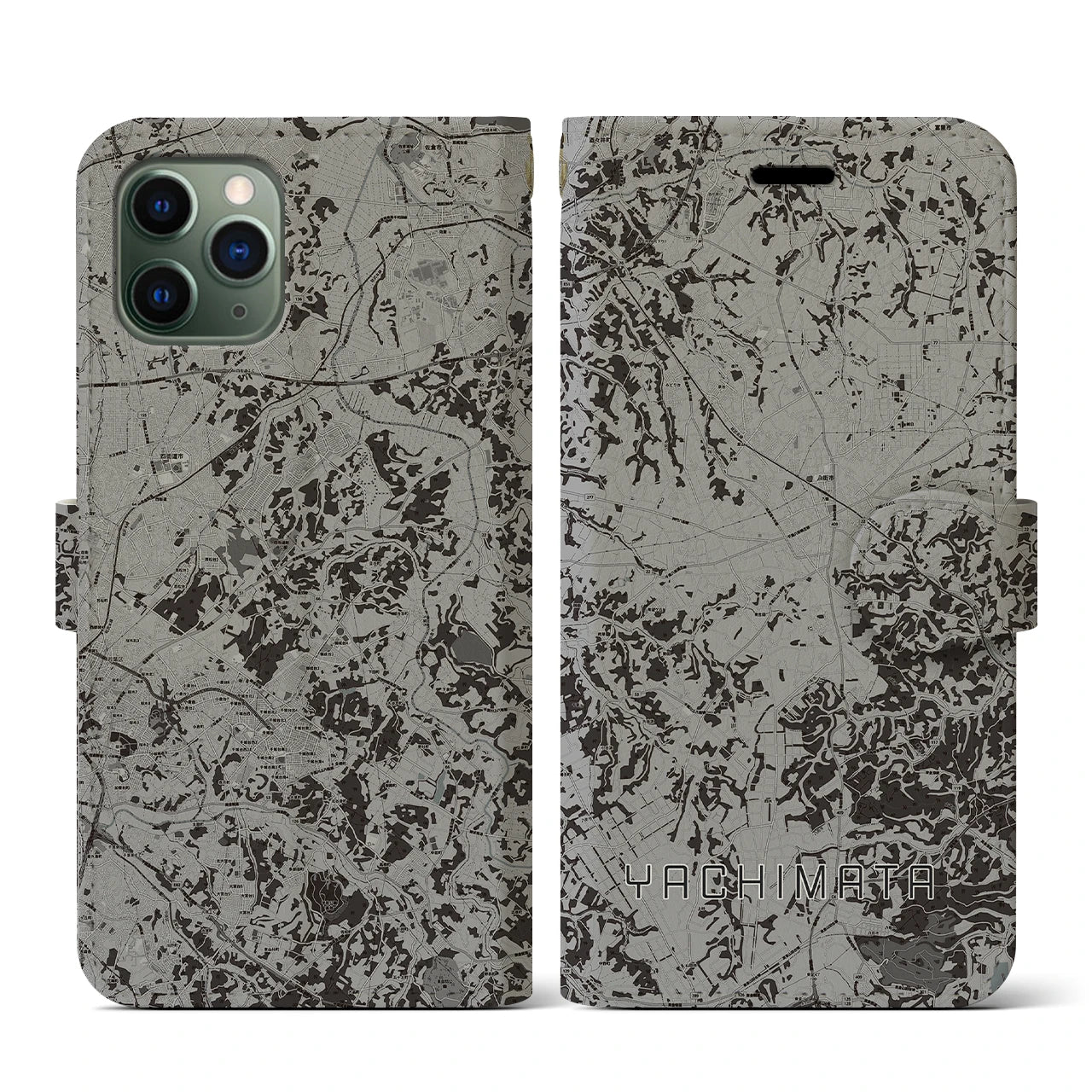 【八街(千葉県)】地図柄iPhoneケース(手帳タイプ)モノトーン・iPhone 11 Pro 用