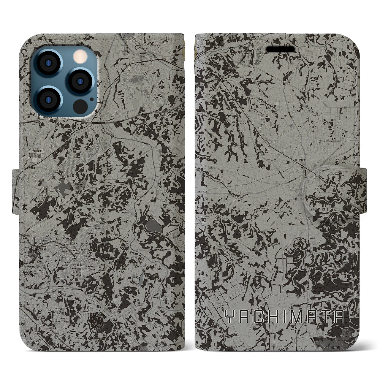 【八街(千葉県)】地図柄iPhoneケース(手帳タイプ)モノトーン・iPhone 12 / 12 Pro 用