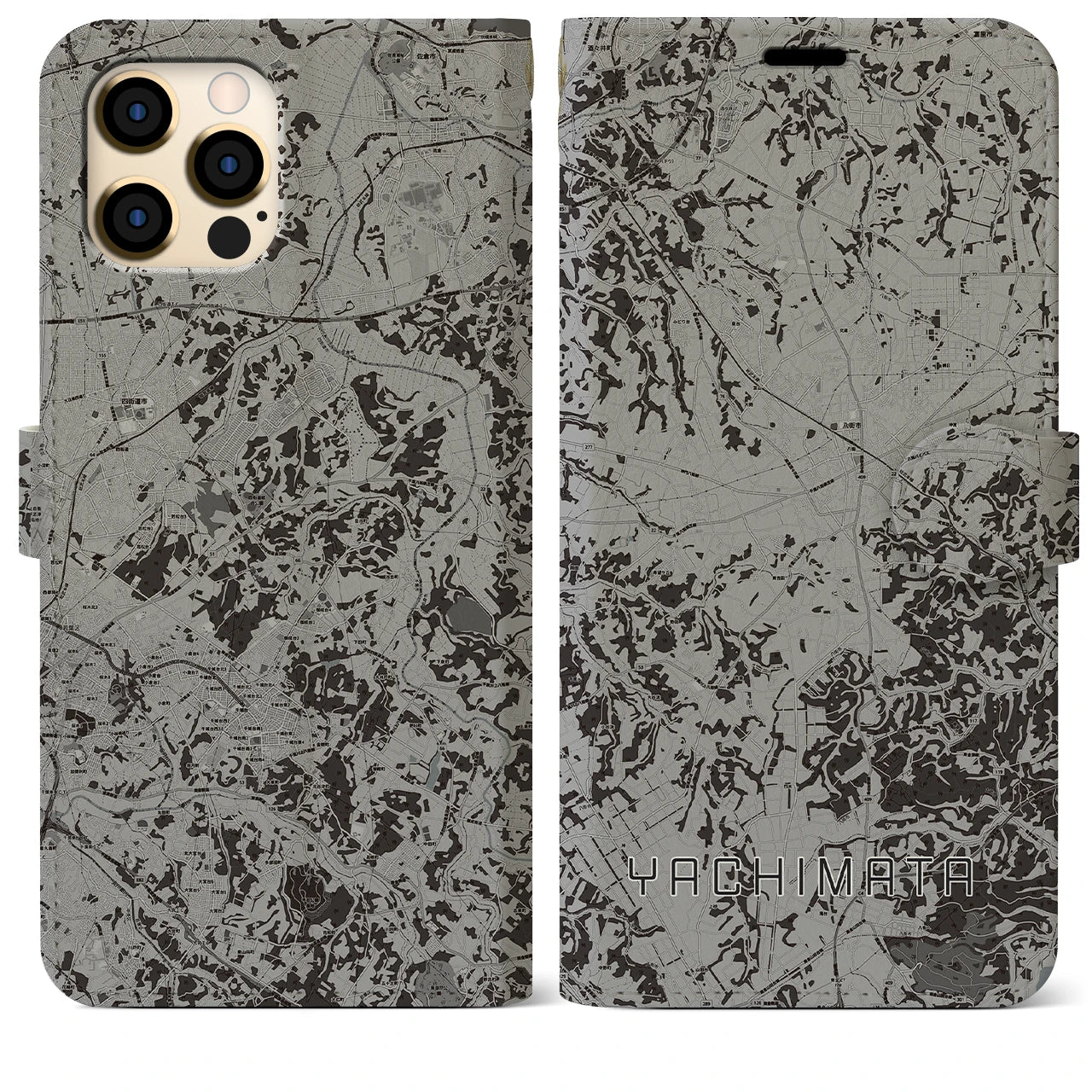 【八街(千葉県)】地図柄iPhoneケース(手帳タイプ)モノトーン・iPhone 12 Pro Max 用