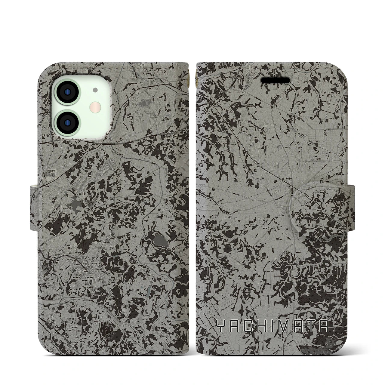 【八街(千葉県)】地図柄iPhoneケース(手帳タイプ)モノトーン・iPhone 12 mini 用