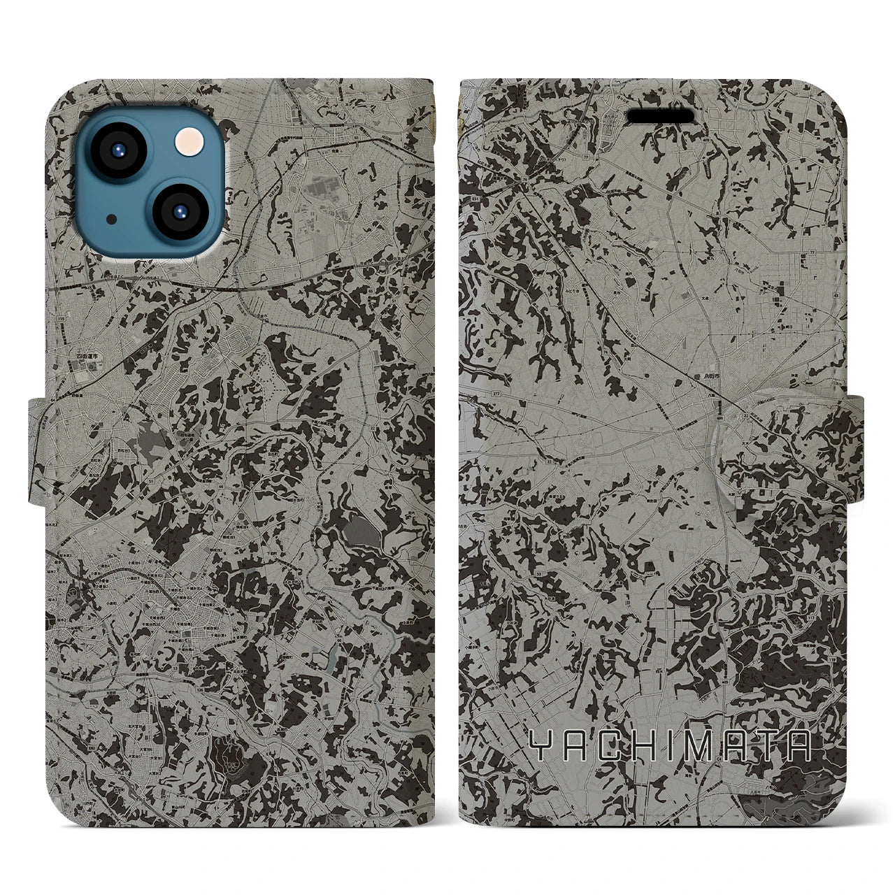 【八街(千葉県)】地図柄iPhoneケース(手帳タイプ)モノトーン・iPhone 13 用