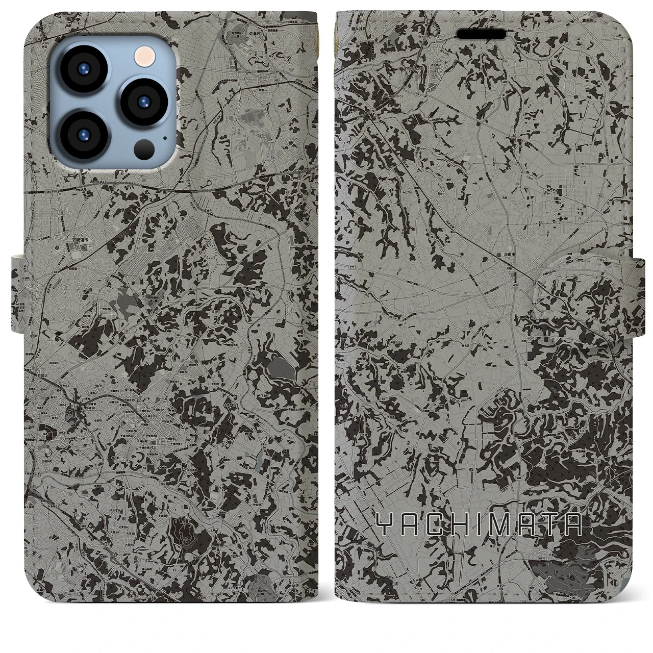 【八街(千葉県)】地図柄iPhoneケース(手帳タイプ)モノトーン・iPhone 13 Pro Max 用