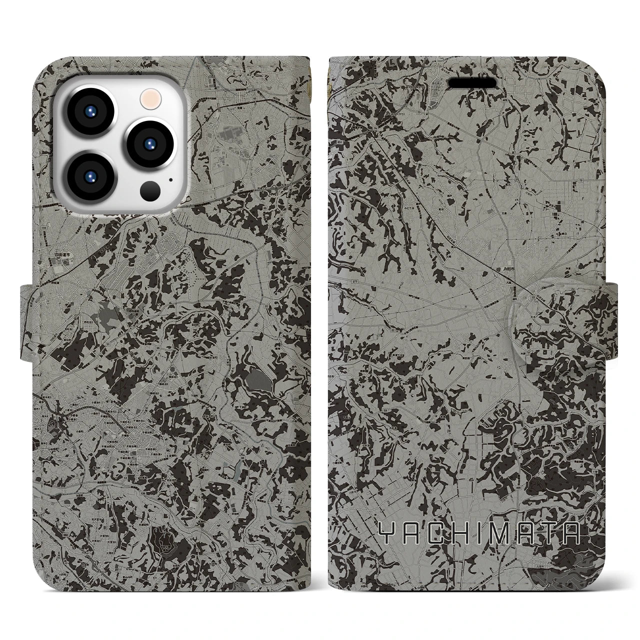 【八街(千葉県)】地図柄iPhoneケース(手帳タイプ)モノトーン・iPhone 13 Pro 用