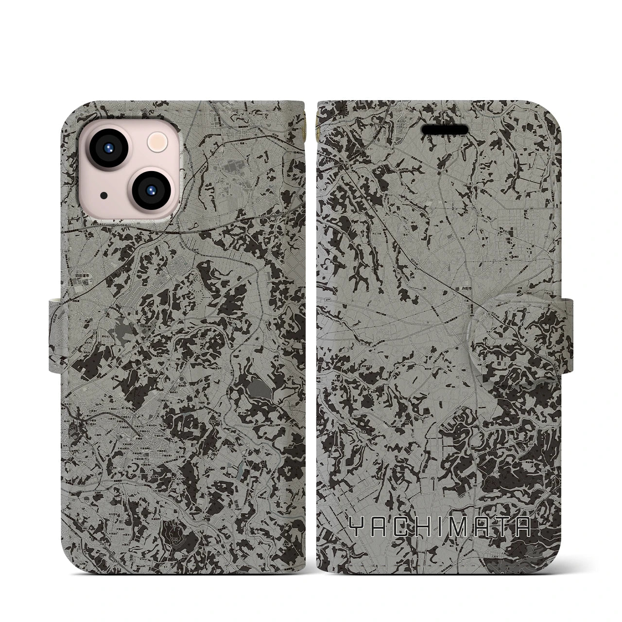 【八街(千葉県)】地図柄iPhoneケース(手帳タイプ)モノトーン・iPhone 13 mini 用