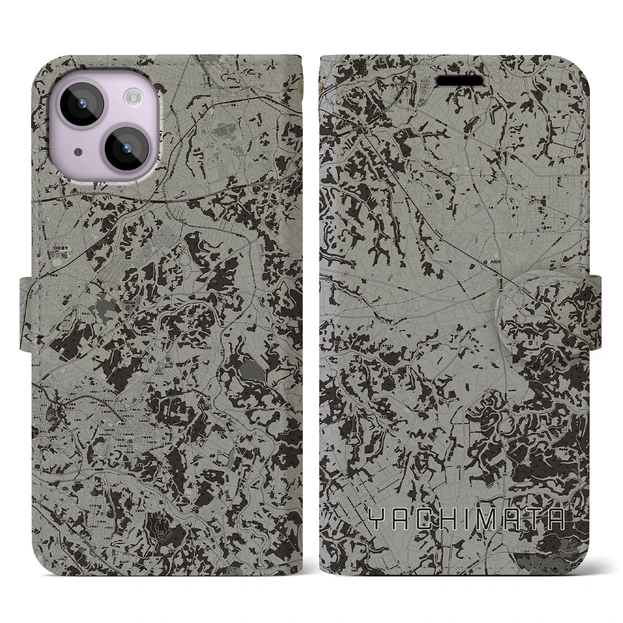 【八街(千葉県)】地図柄iPhoneケース(手帳タイプ)モノトーン・iPhone 14 用