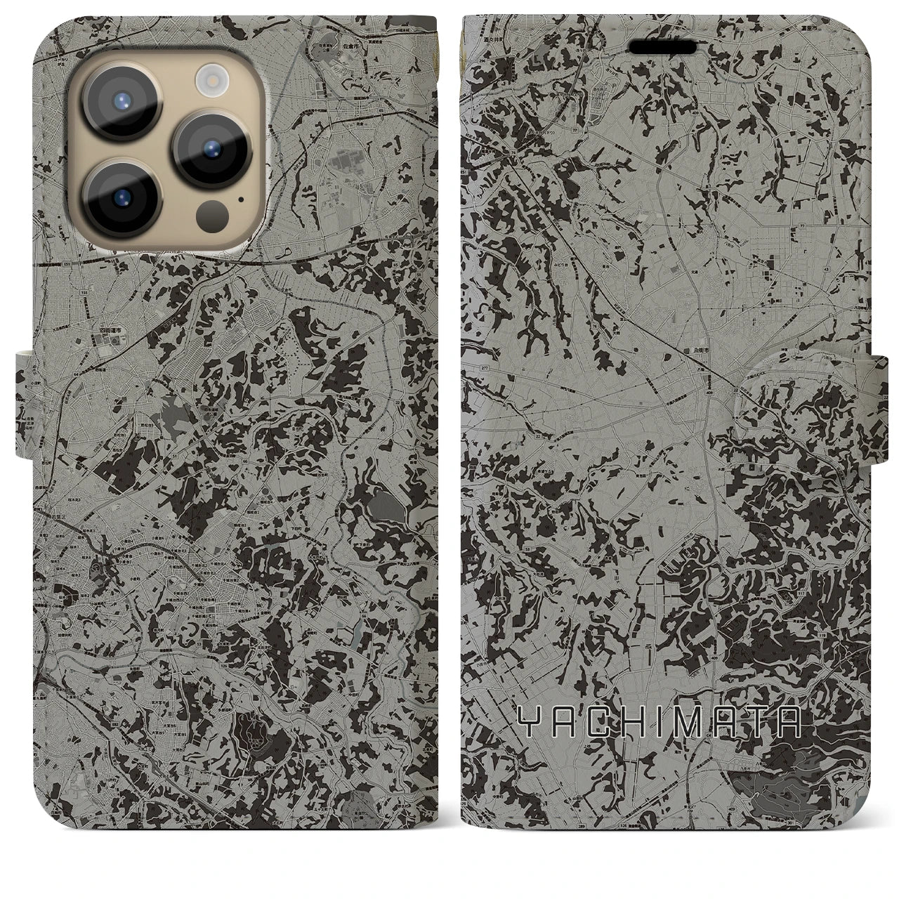 【八街(千葉県)】地図柄iPhoneケース(手帳タイプ)モノトーン・iPhone 14 Pro Max 用