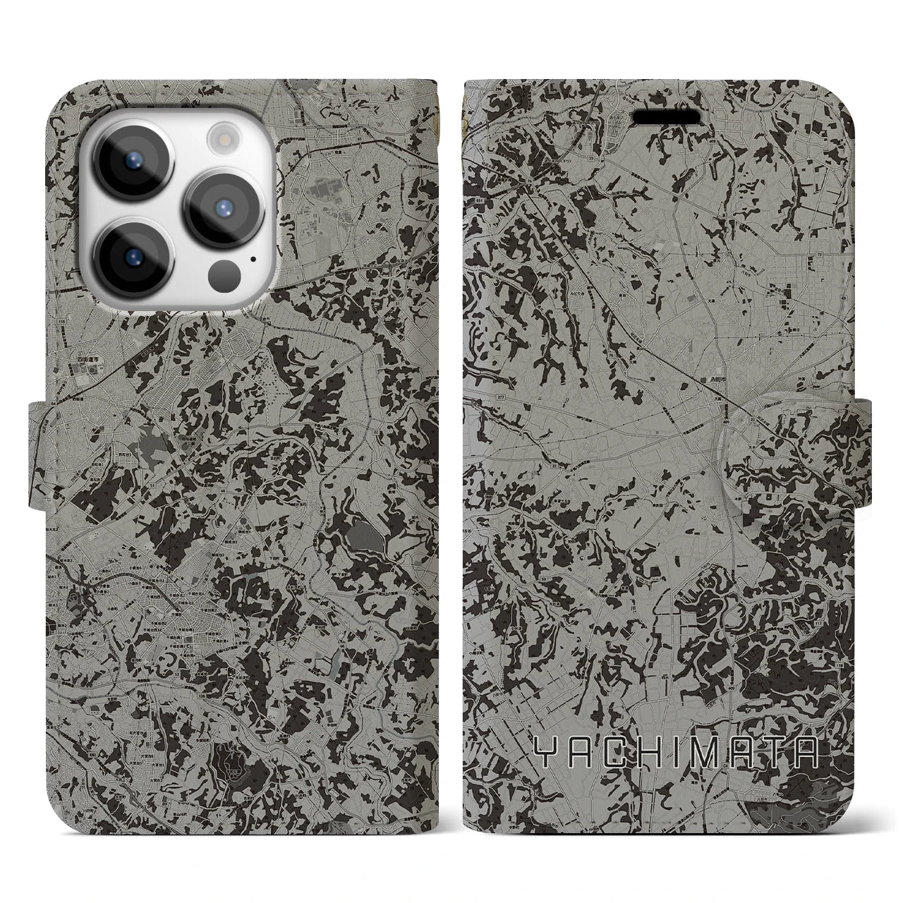 【八街(千葉県)】地図柄iPhoneケース(手帳タイプ)モノトーン・iPhone 14 Pro 用