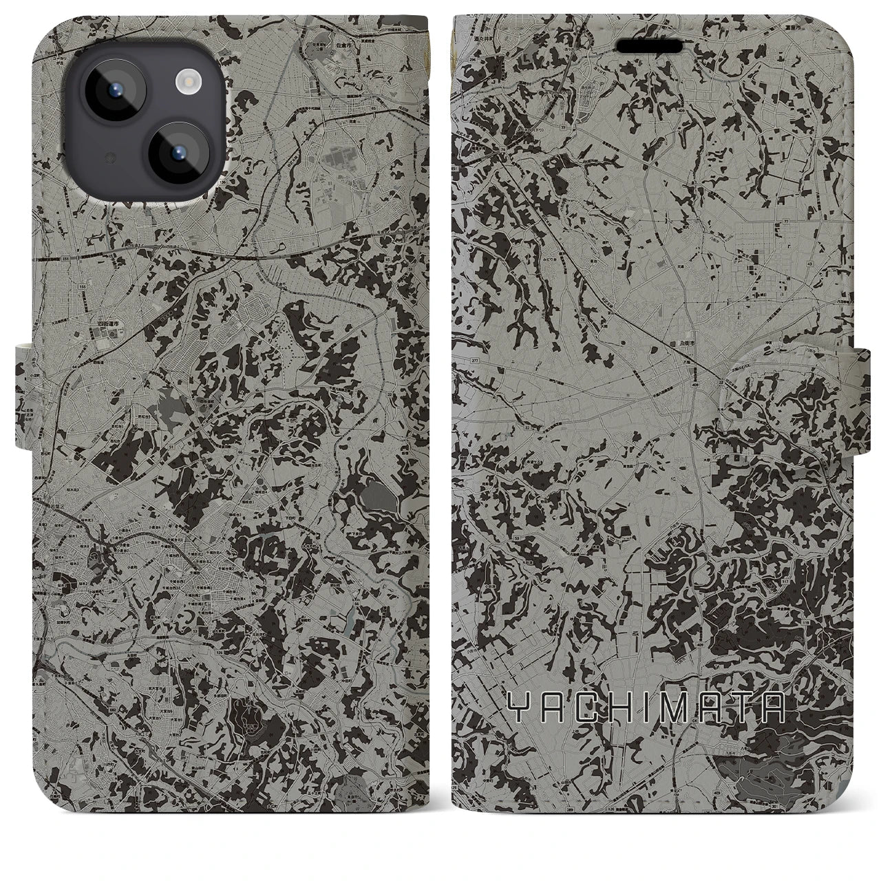 【八街(千葉県)】地図柄iPhoneケース(手帳タイプ)モノトーン・iPhone 14 Plus 用