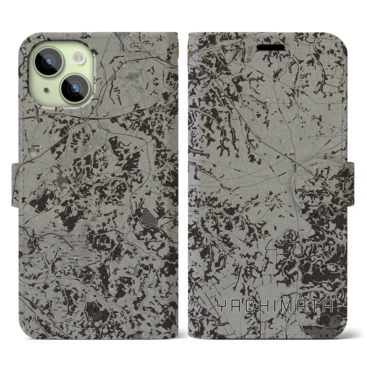 【八街(千葉県)】地図柄iPhoneケース(手帳タイプ)モノトーン・iPhone 15 用