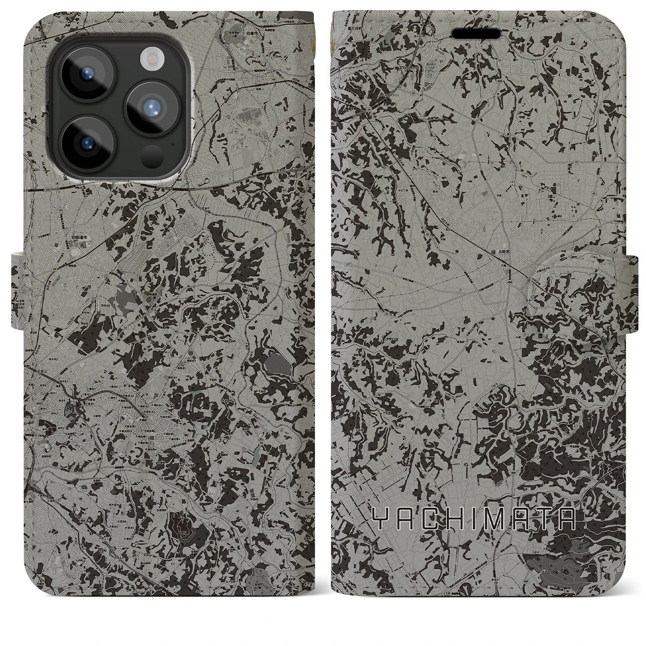 【八街(千葉県)】地図柄iPhoneケース(手帳タイプ)モノトーン・iPhone 15 Pro Max 用