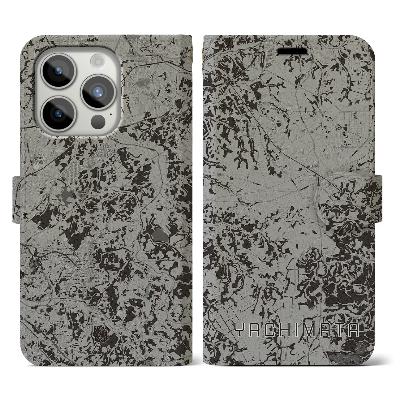 【八街(千葉県)】地図柄iPhoneケース(手帳タイプ)モノトーン・iPhone 15 Pro 用