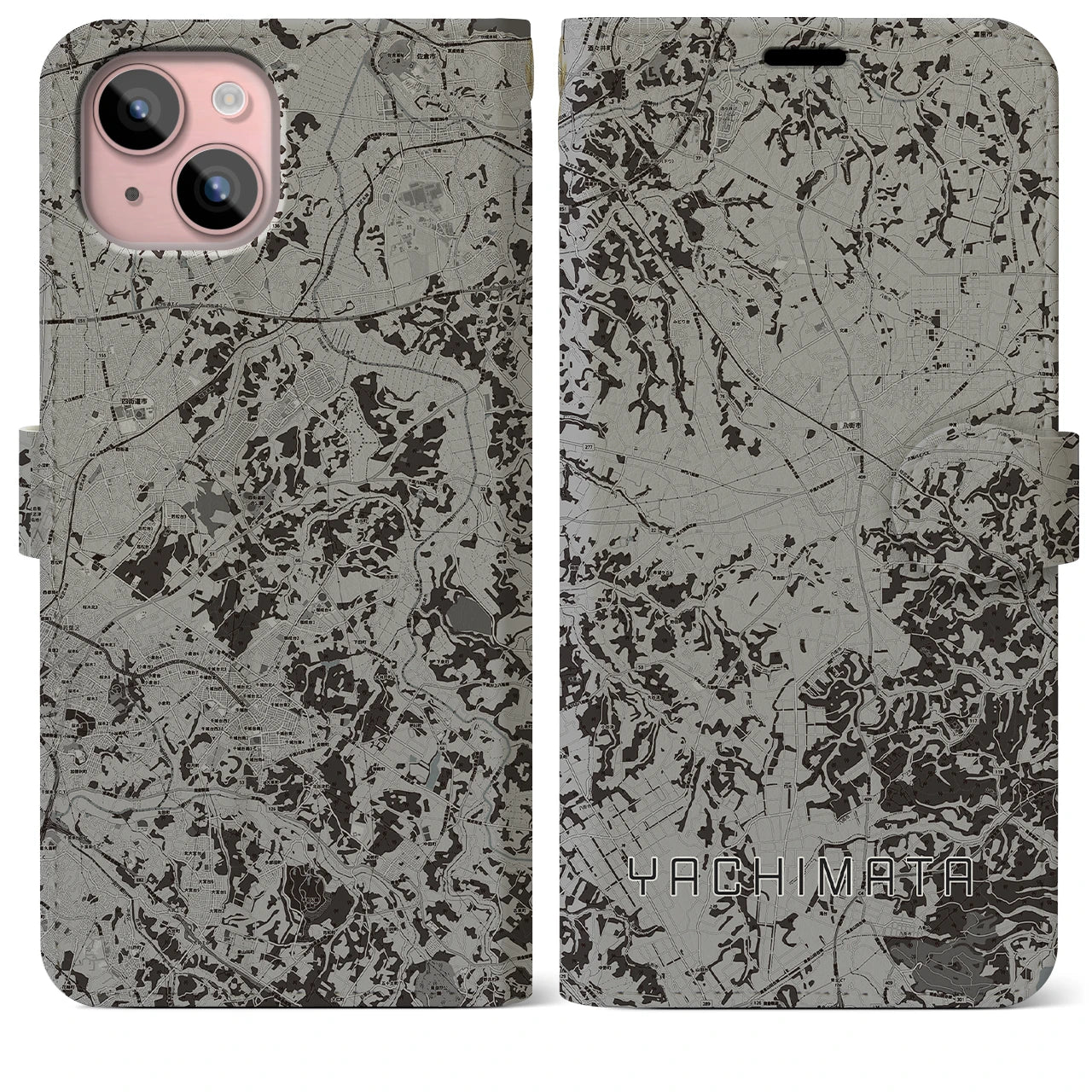 【八街(千葉県)】地図柄iPhoneケース(手帳タイプ)モノトーン・iPhone 15 Plus 用