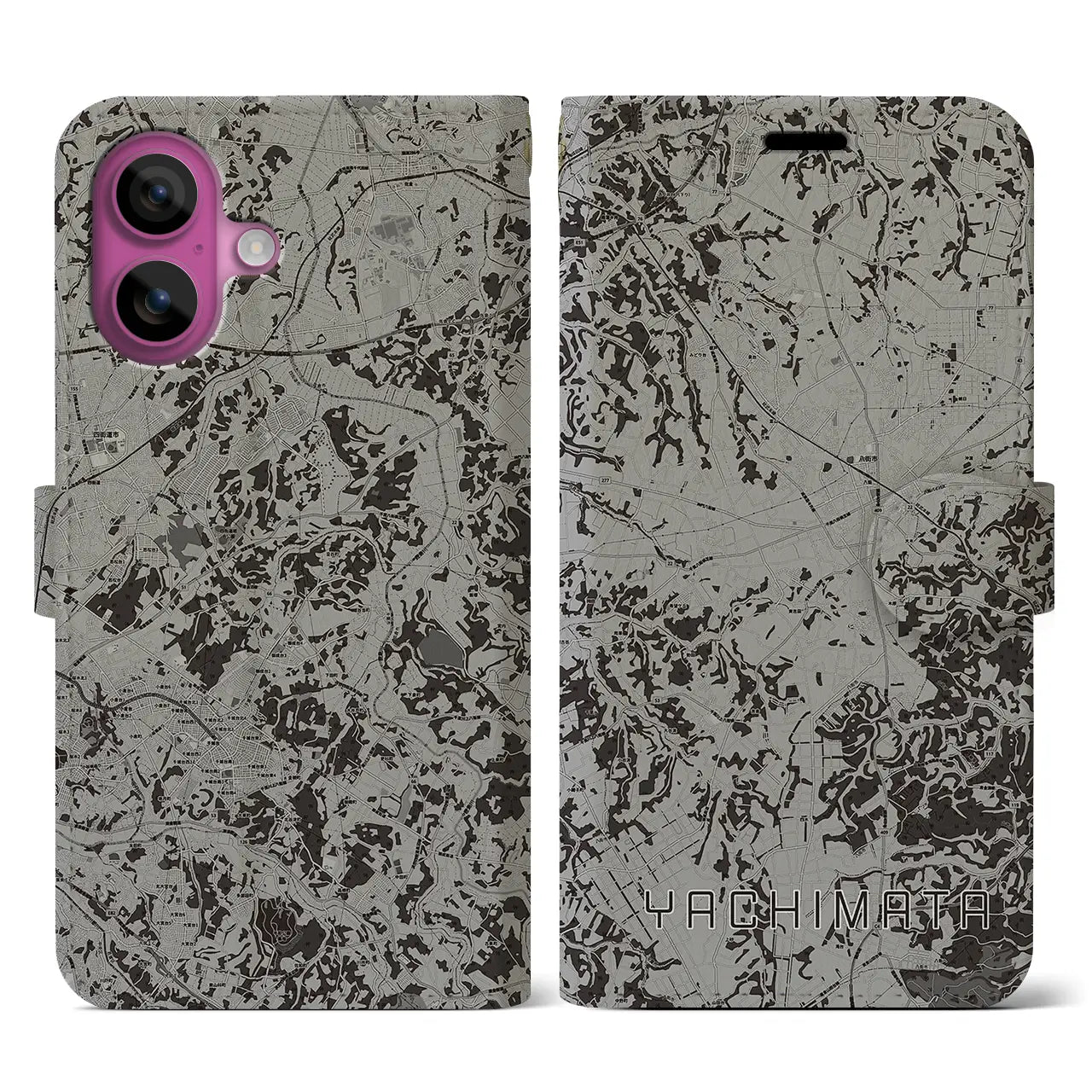 【八街(千葉県)】地図柄iPhoneケース(手帳タイプ)モノトーン・iPhone 16 Pro 用