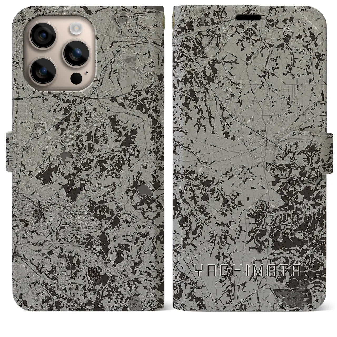 【八街(千葉県)】地図柄iPhoneケース(手帳タイプ)モノトーン・iPhone 16 Plus 用