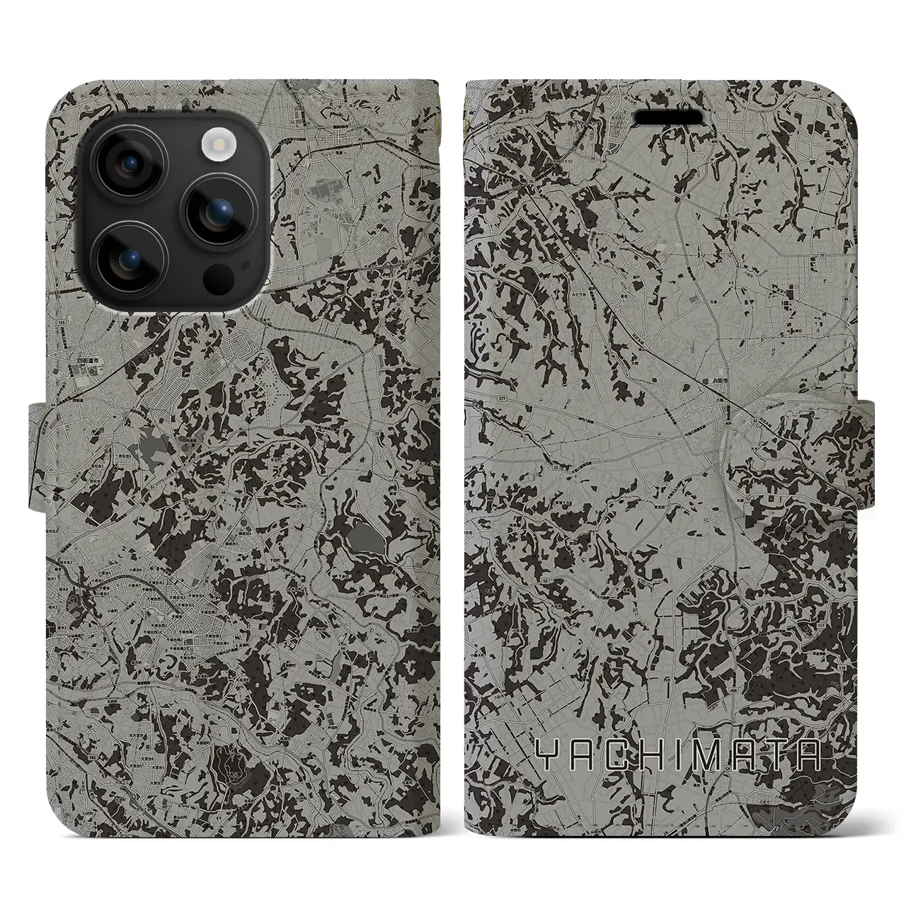 【八街(千葉県)】地図柄iPhoneケース(手帳タイプ)モノトーン・iPhone 16 用